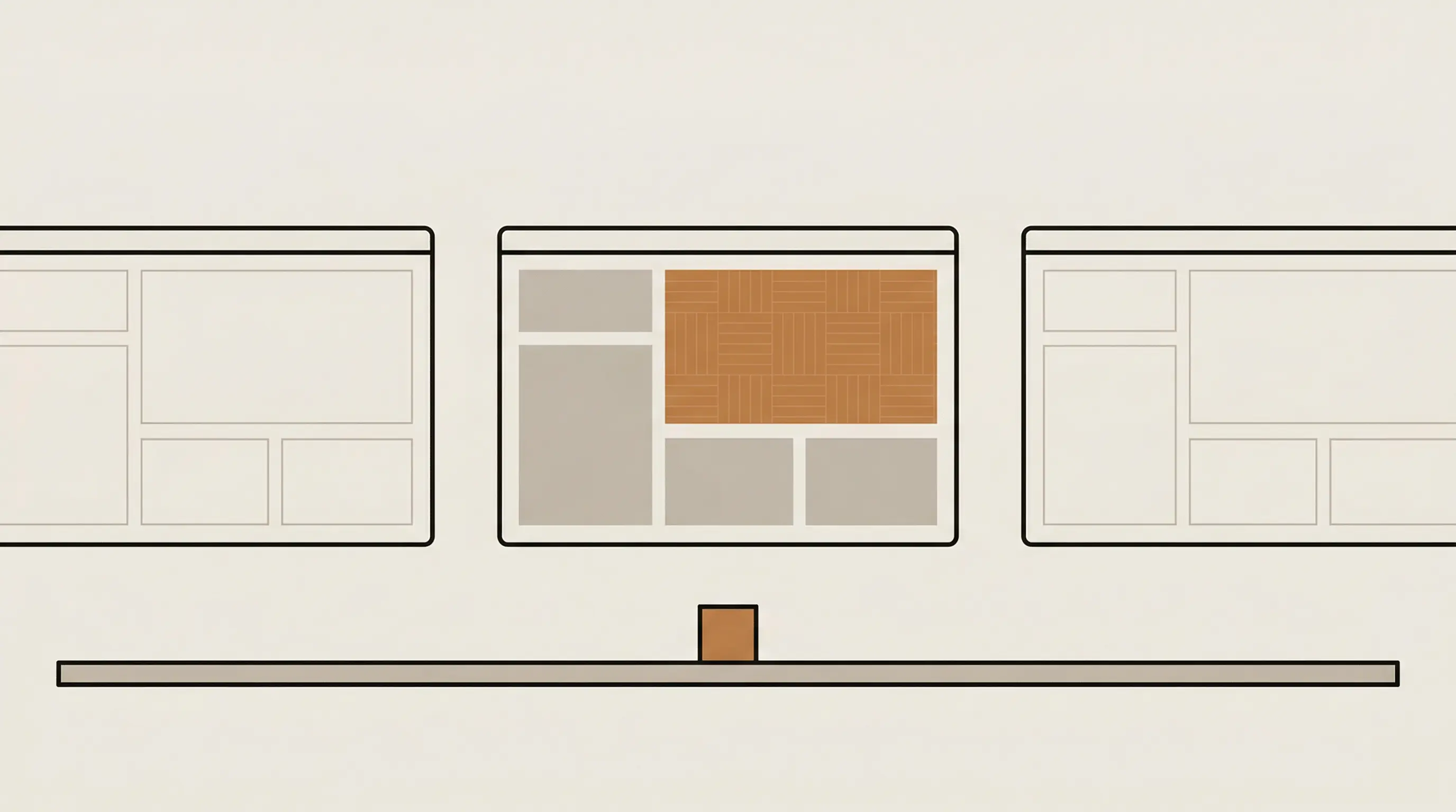 Editorial illustration showing three website layout options being compared, with one highlighted selection