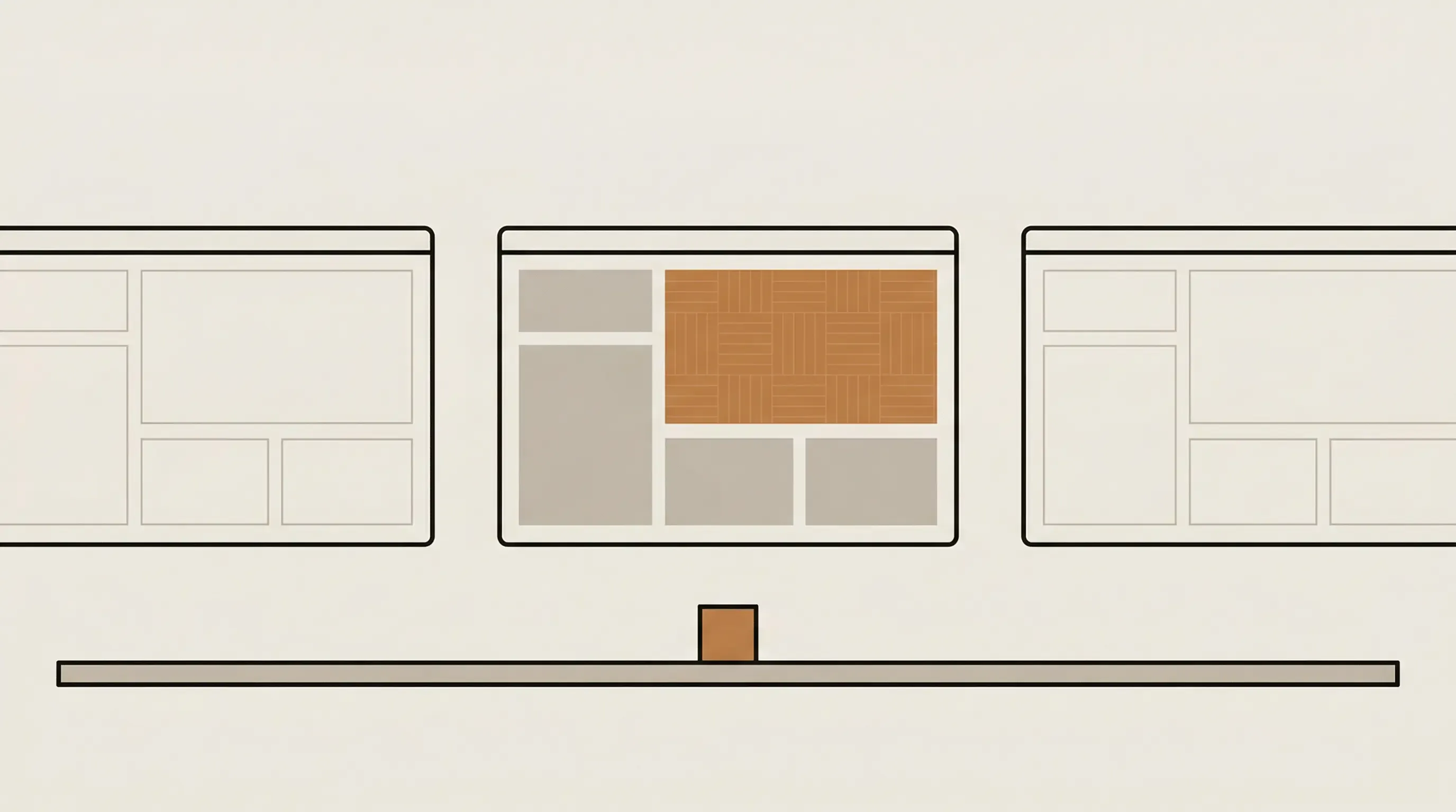 Editorial illustration showing three website layout options being compared, with one highlighted selection