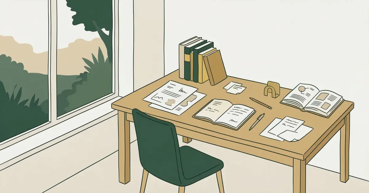 Sketch-style featured image for An academic personal site that works as hard as its owner with a calm home office desk, research papers, and books