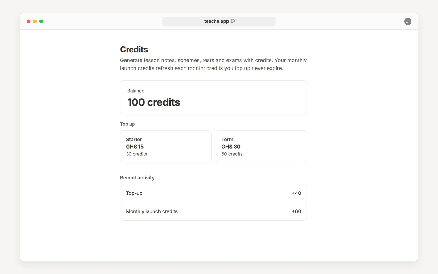 The teache credits screen showing a balance of 100 credits, two top-up packs at GHS 15 for 30 credits and GHS 30 for 60 credits, and recent activity