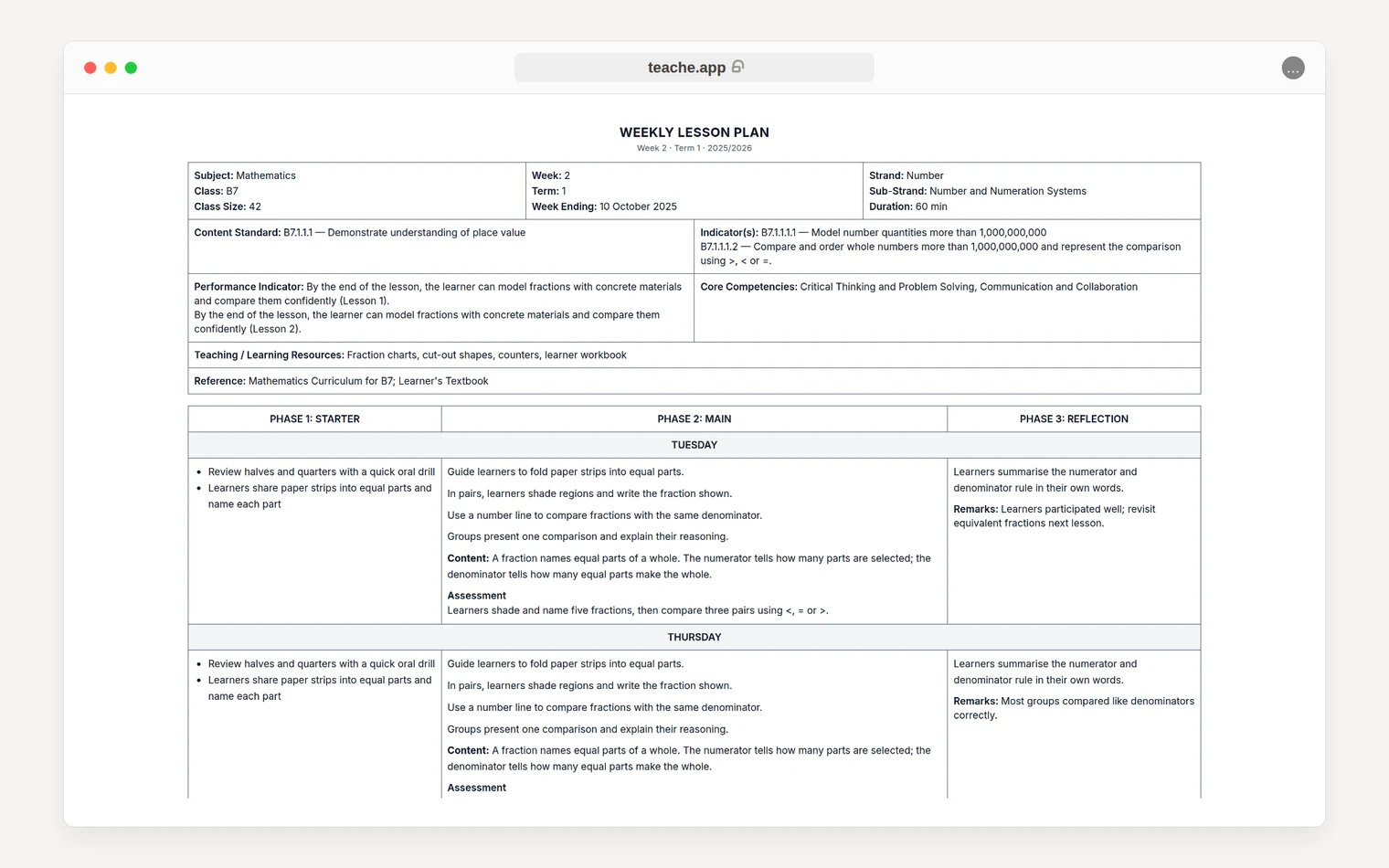 A teache weekly lesson plan showing the GES header grid with subject, class, strand and indicator codes, above day bands split into starter, main and reflection phases