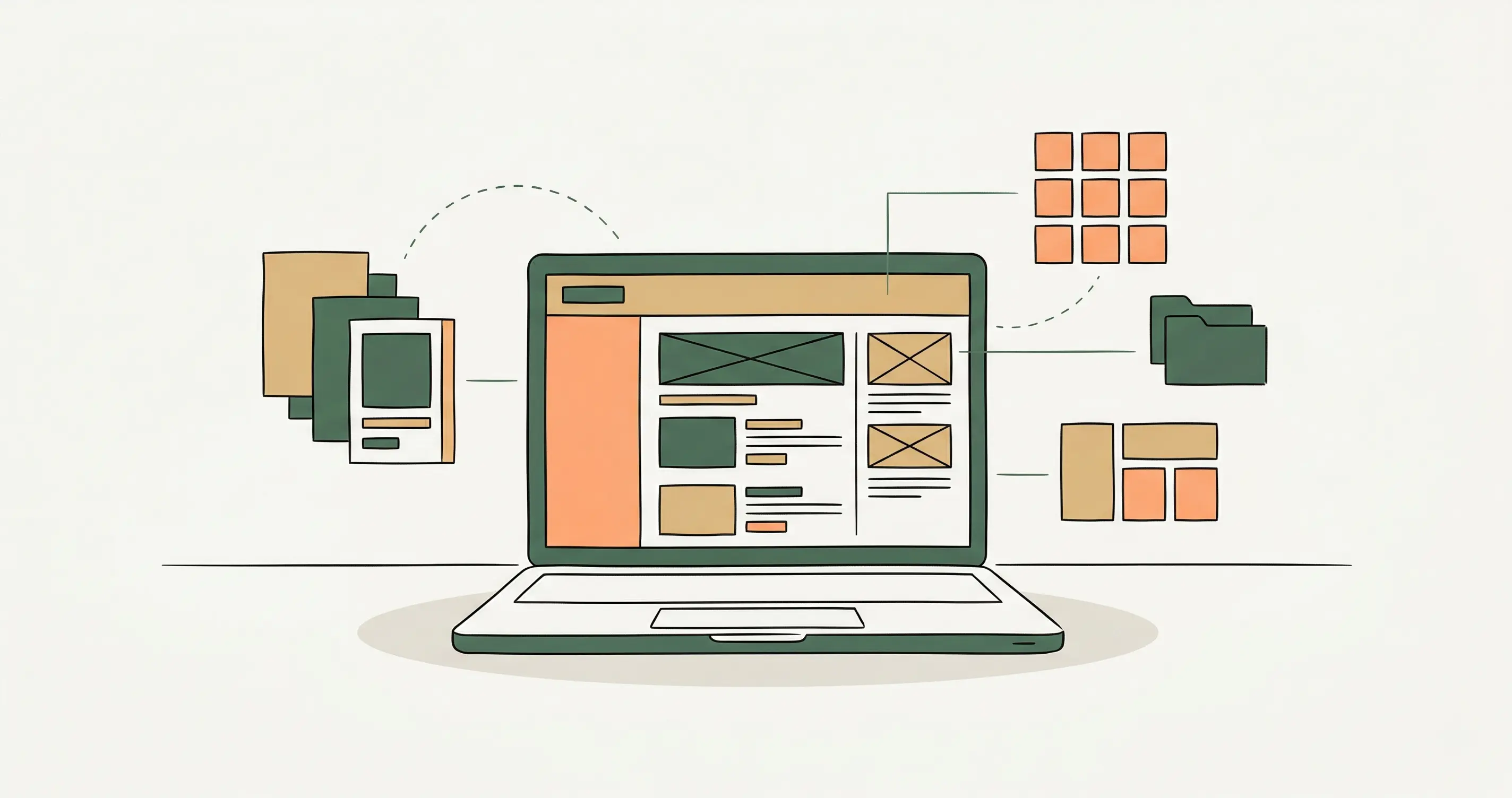Sketch-style featured image for When a website starts in a chat with a laptop, page layouts, and project elements taking shape